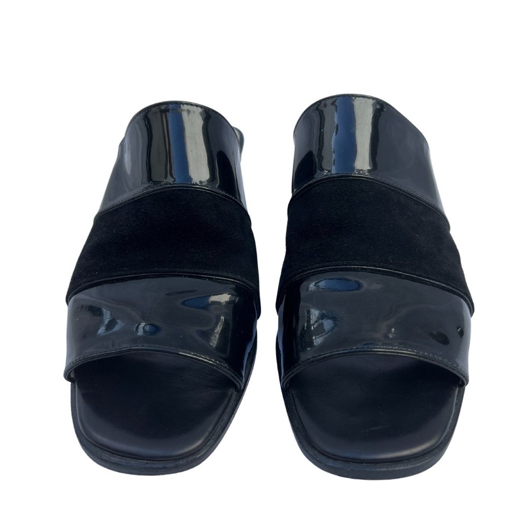 Lorenzo Banfi Slip On Open Toe Patent Leather Cuban Heel Shoes Black Size 37.5
